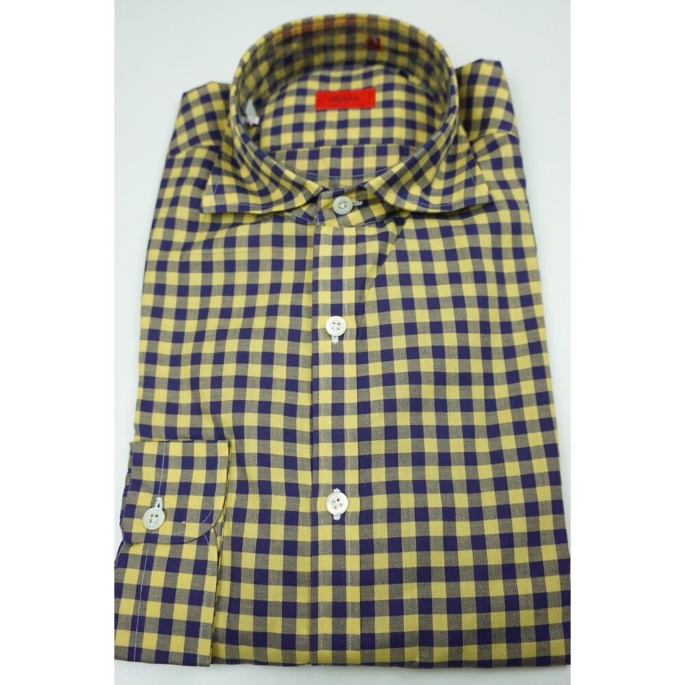 Isaia Purple Yellow Gingham Plaid Long Sleeve Cotton Dress Shirt 15.5/39 NEW